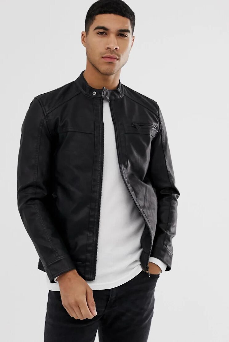 Only & Sons faux leather racer jacket in black  Black