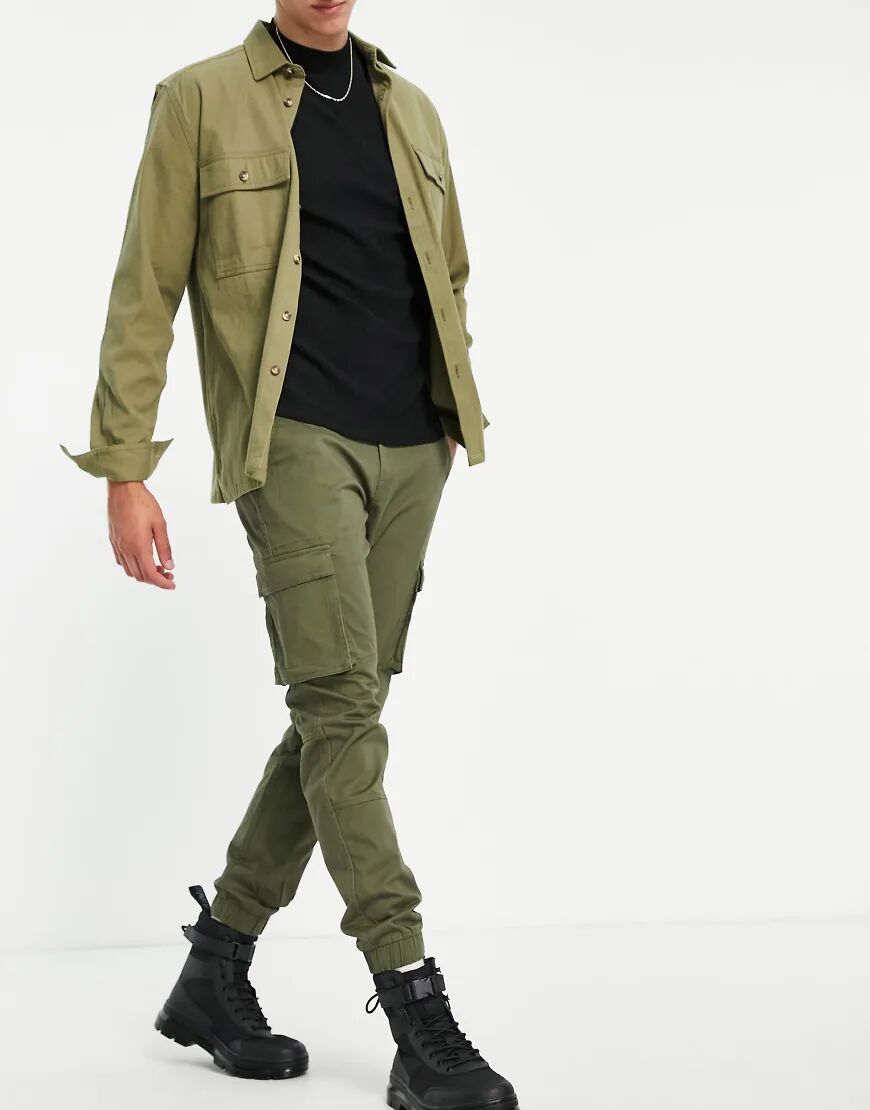 Only & Sons slim fit cargo trouser with cuffed bottom in khaki-Green  Green