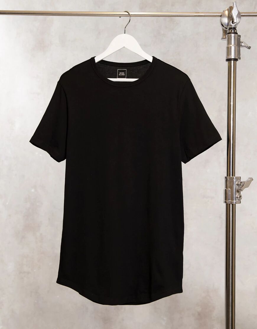 River Island curved hem longline t-shirt in black  Black