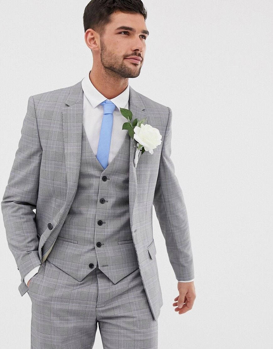 River Island wedding slim suit jacket in grey check  Grey