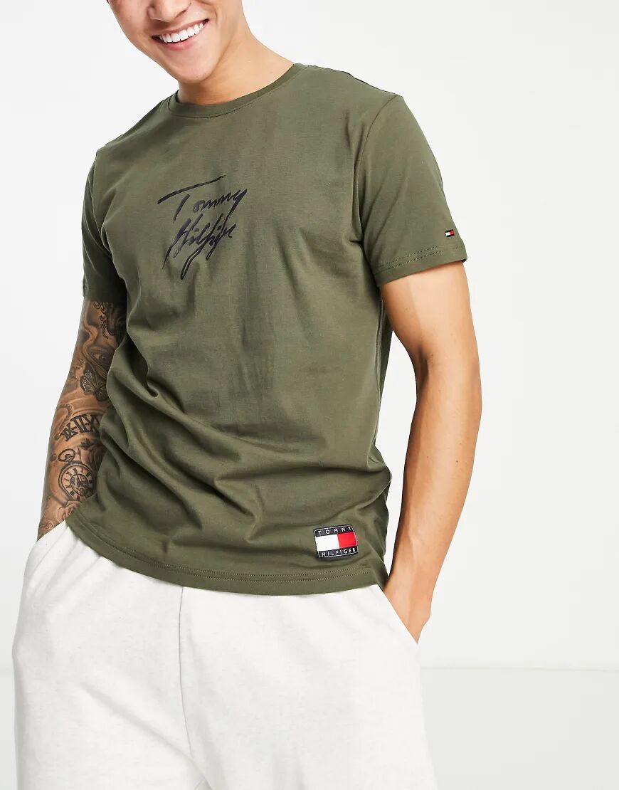 Tommy Hilfiger lounge logo script t-shirt in khaki-Green  Green