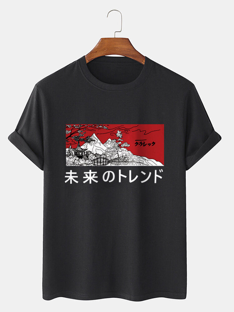Newchic Mens Japanese Style Mountain Landscape Graphic Cotton Short Sleeve T-Shirts