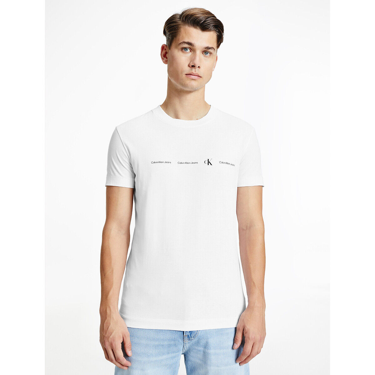 Calvin Klein Jeans T-shirt com gola redonda, Repeat Logo   Branco