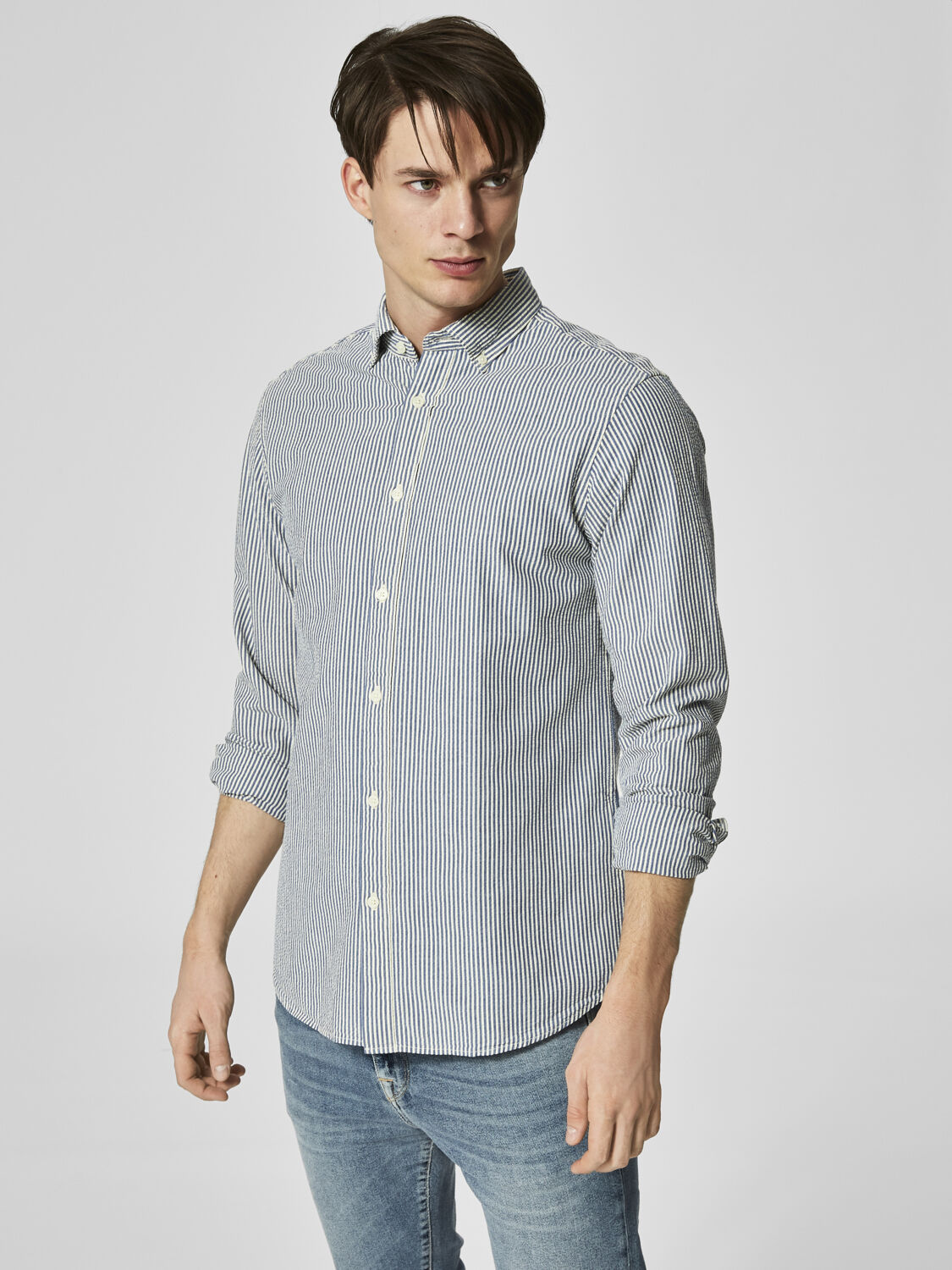 Selected Camisa Homem Twooliver Selected Risca azul