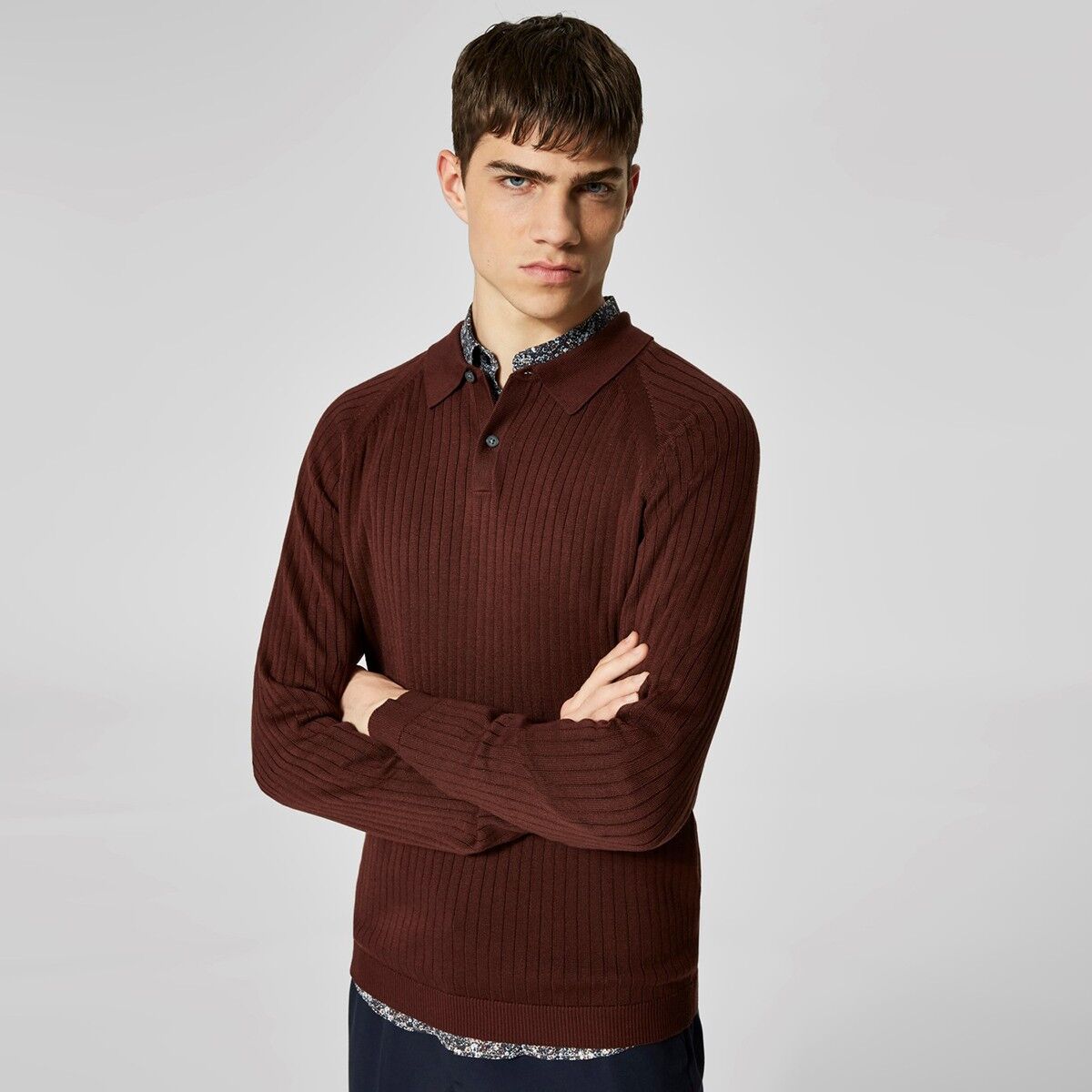 SELECTED HOMME Hnedý polo sveter – M