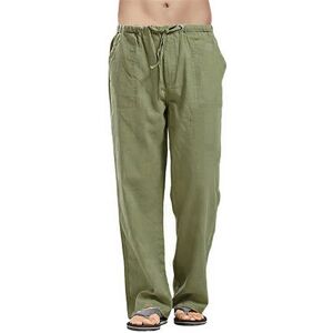 ArmadaDeals Mens Loose Casual Linen Trousers with Drawstring Pockets, Green / L