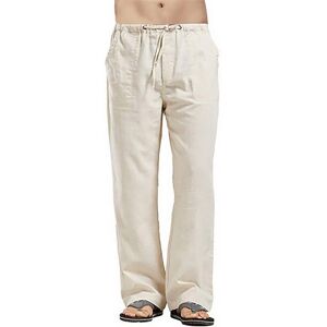 ArmadaDeals Mens Loose Casual Linen Trousers with Drawstring Pockets, Khaki / M