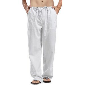 ArmadaDeals Mens Loose Casual Linen Trousers with Drawstring Pockets, White / XL