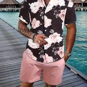 Temu 2-piece Men's Vintage Summer Vacation Outfit Set, Men's Roses Print Short Sleeve Lapel Shirt & Solid Pocket Shorts Set Mixed Color M(38)