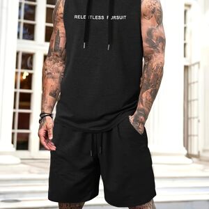 Temu 2-piece Men's Summer Fitness Workout Outfit Set, Men's Letter Print Sleeveless Hooded Tank Top With Drawstring & Solid Drawstring Shorts With Pockets Black L(40)