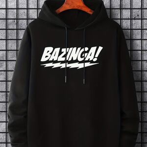 Temu Men's Casual "bazinga" Graphic Print Hoodies, Drawstring Comfortable Oversized Hooded Pullover Sweatshirt Plus Size Black 2XL(48)