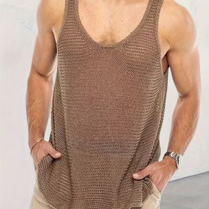 Temu Plus Size Men's See Through Knit Tank Top For Summer, Sexy Mature Sleeveless Tops Coffee 1XL(46)