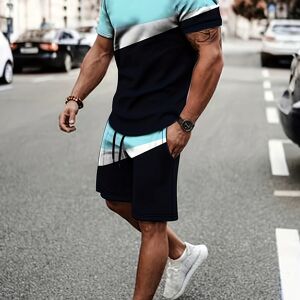 Temu Summer Men's Fashion 2 Piece Sets Plus Size Tracksuit Men's Sporty Style Printed T Shirts Men T-shirt Shorts Suit Sky Blue 4XL(52)