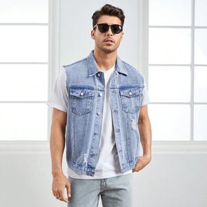 SHEIN Men Cotton Ripped Frayed Flap Pocket Denim Vest Jacket Without Tee Light Wash L,M,S,XL,XS,XXL,XXS,XXXL,XXXXL Men