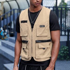 SHEIN Men Slogan Patched Detail Flap Pocket Vest Jacket Without Tee Khaki L,M,S,XL,XS,XXL,XXS,XXXL,XXXXL Men