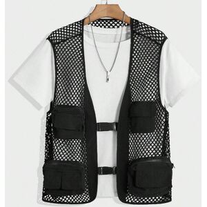 SHEIN Men 1pc Fishnet Insert Flap Pocket Buckle Front Loose Vest Jacket Without Tee Black L,M,S,XL,XS,XXL,XXS,XXXL,XXXXL Men