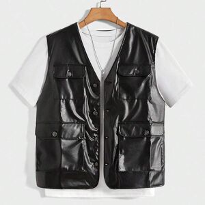 SHEIN Men Flap Pocket PU Leather Vest Jacket Without Tee Black L,M,S,XL,XS,XXL,XXS,XXXL,XXXXL Men