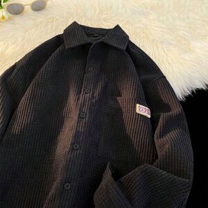 SHEIN Men Letter Patched Detail Pocket Front Corduroy Shirt Black L,M,XL,XXL,XXXL Men