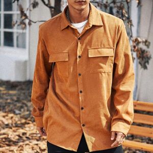 SHEIN Men Plus Flap Pocket Corduroy Shirt Brown 2XL,3XL,4XL,5XL,6XL Men