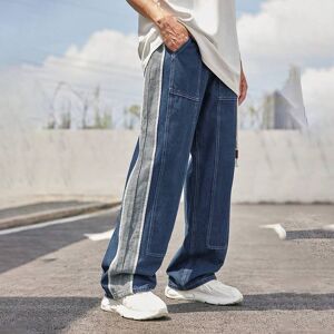 SHEIN Men Contrast Side Seam Drawstring Waist Top-stitching Straight Leg Jeans Medium Wash L,M,XL Men