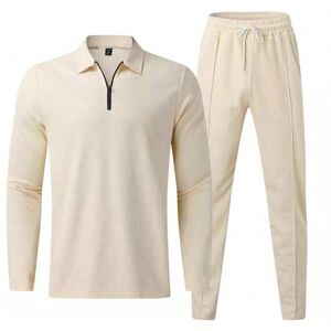 SHEIN Men Plus Quarter Zip Polo Shirt & Drawstring Waist Sweatpants Apricot 2XL,3XL,4XL,5XL,6XL Men