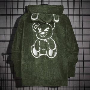 SHEIN Men Bear Embroidery Double Fleece Drawstring Hooded Jacket Army Green L,M,S,XL,XS,XXL,XXS,XXXL,XXXXL Men