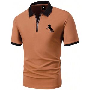 SHEIN Summer Zippered Short-Sleeve Polo Shirt With Cute Bear And Slogan Printed T-Shirt, Casual Sporty Men's Top For Going Out Burnt Orange L,M,S,XL,XXL,XXXL Men