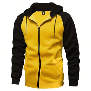 SHEIN Autumn/Winter New Men's Jacket Basic Style Fashionable Simple Raglan Sleeve, Black & Yellow Splicing Casual Sports Running Outdoor Walking Zipper Hooded Long-Sleeved Clothes Yellow L,M,S,XL,XXL Men