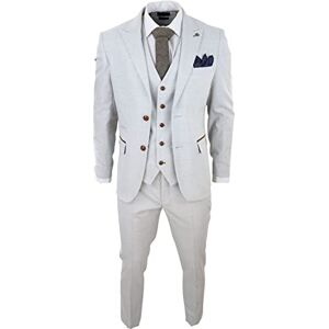 Truclothing.Com Mens Grey Stone 3 Piece Tweed Check Suit Wedding Prom Tailored Fit Brown Trim - Cream 44