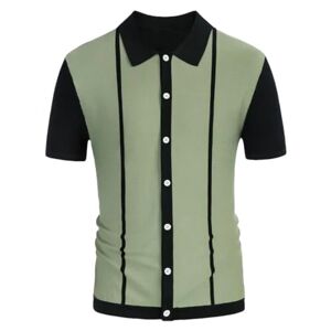 Niiyyjj Men's Business Casual Shirts Knitted Patchwork Striped T-Shirt Lapel Button Slim Fit Tops EN8 M(50-60KG)