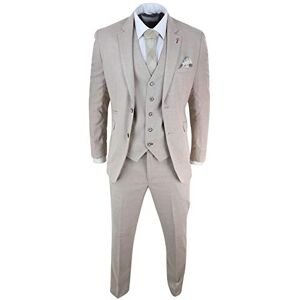 House Of Cavani Mens 3 Piece Suit Linen Beige Cream 2 Button Tailored Fit Classic Retro