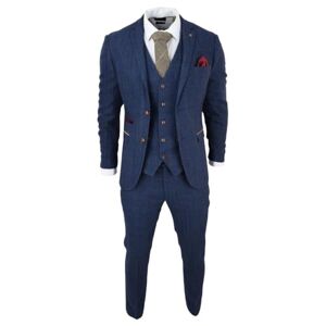 Truclothing.Com Mens Blue 3 Piece Suit Herringbone Tweed Checked Formal Dress Suits - Blue 48