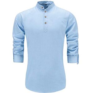 JEETOO Mens Grandad Collar Oxford Shirt Long Sleeve Solid Color (Medium, Blue-2)