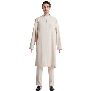 Caxndycing Muslim Prayer Clothing, Men's Muslim Islamic Costume, Middle East Thobe with Trousers, Men's Muslim Long Sleeve Thobe Loose Kaftan, Dubai Arab Kaftan Clothing, 2 Pieces/Set, beige, M