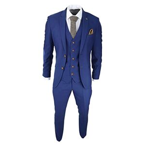 Paul Andrew Mens Royal Blue 3 Piece Suit Brown Trim Classic Birdseye Vintage Wedding Grooms - Blue 52