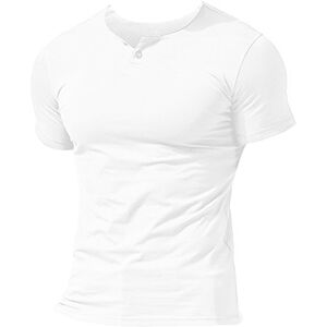 Men Summer Casual Short Sleeve Henleys T-Shirt Single Button Placket Plain v Neck Shirts Cotton Style A White L