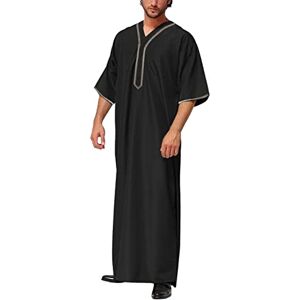 Gefomuofe Men's Kaftan V-Neck Long Sleeve Thobe Men's Islam Morocco Kaftan Men's Long Button High Thobe Arabic Islamic Clothing V-Neck Men's Side Split Cotton with Pockets, black, M