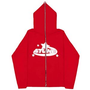 GOZYLA Hooded Jacket Full Face Zipper Hoodie Retro Star Letter Print Jacket Y2k Oversized Hoodie Zip Hoodie Men, Vintage Monogram Print Harajuku Oversized Y2k Jacket Hoodie (Color : A-Red, Size : S)