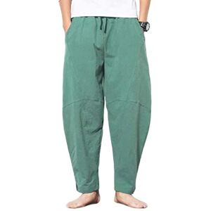 ABNMJKI Casual Pants Men's Linen Cotton Loose Fit Pants Casual Trouser Lightweight Elastic Waist Summer Drawstring Soft Baggy Yoga Harem Comfy Jogger (Color : Green, Size : M)