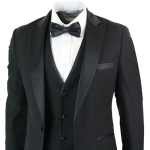 Paul Andrew Mens 3 Piece Black Classic Satin Tuxedo Dinner Suit Tailored Fit Wedding Prom