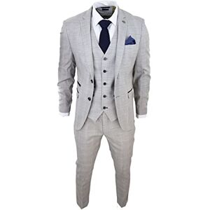 Truclothing.Com Mens Light Grey 3 Piece Suit Navy Blue Check Velvet Trims Wedding Tailored Fit Classic - Grey 38