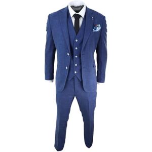 House Of Cavani Mens 3 Piece Suit Blue Summer Linen Tailored Fit Wedding Prom Classic - Blue 40