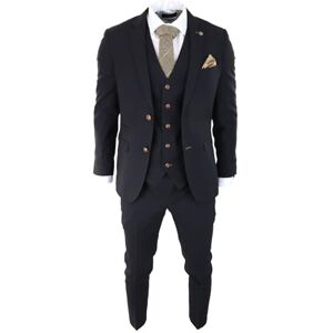 Paul Andrew Mens Black 3 Piece Suit Brown Trim Classic Birdseye Vintage Wedding Grooms - Black 50