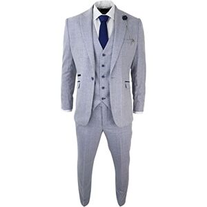 Truclothing.Com Mens 3 Piece Check Suit Tweed Light Blue Tailored Fit Wedding Peaky Classic - Blue 48