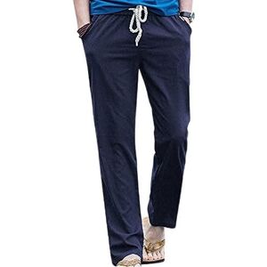 ABNMJKI Casual Pants Men's Pants Casual Linen Breathable Loose Sport Long Pants Solid Color Straight Trouser Pant Work Men Pants Fashion (Color : Navy, Size : Medium)