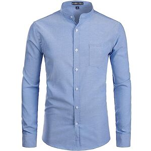 PARKLEES Mens Hipster Design Grandad Collar Oxford Shirt Slim Fit Long Sleeve Casual Button Down Dress Shirts with Pocket Light Blue S