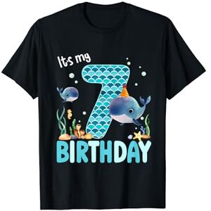 Summer Whale Family Birthday Boy Sea Ocean Party It’s My 7th Birthday 7 Year Old Whale Sea Aquarium Birthday T-Shirt