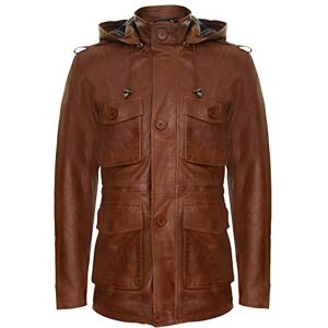 Men's Tan Hooded Leather Multi-Pocket Duffle Trench Coat with Drawstring S