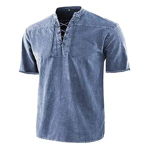 Summer Henley Classic Short Sleeve Shirts Mens Oversized Beach Solid Shirt Soft Strappy Linen Loose Shirt Gents (Blue,XL), (Genericshirt44718)