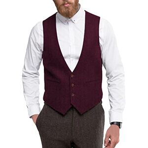 Hann Brooks Mens 3-Button Herringbone Wool Tweed Slim Fit V Neck Vest Waistcoat Brown Burgundy Blue (as8, alpha, s, regular, regular, Burgundy)